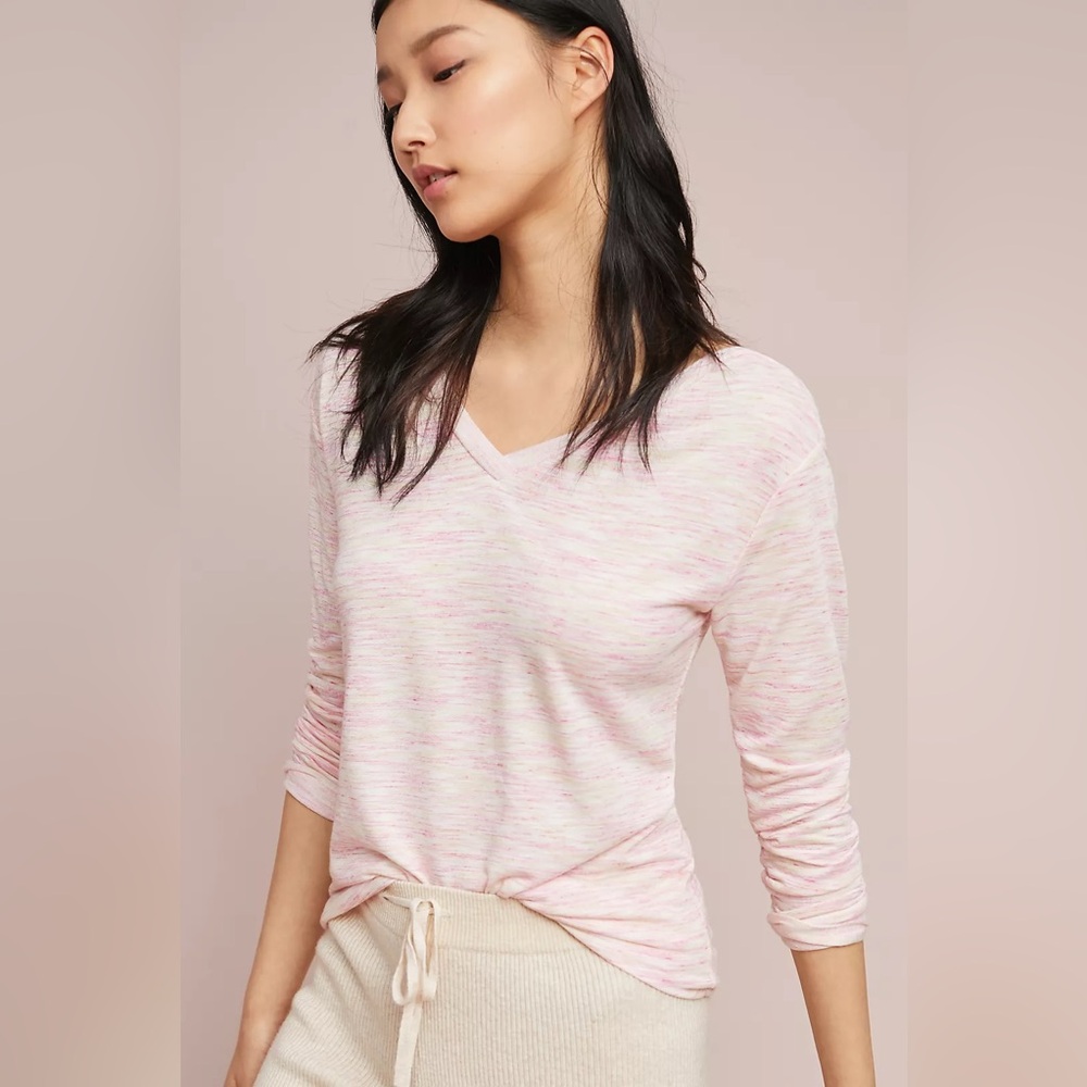 🆕NWT Anthropologie Andrea V-Neck Pullover Marbled Pink Long Sleeve T-Shirt